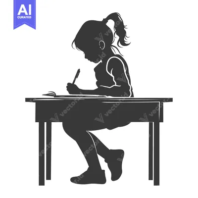 Aset desain premium: Silhouette of a young girl writing at a desk