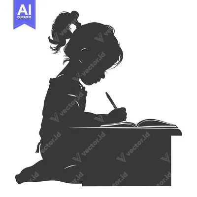 Silhouette of a Young Girl Writing at a Desk