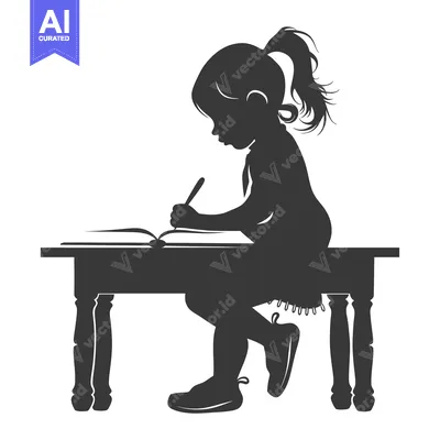 Silhouette of a young girl writing at a desk