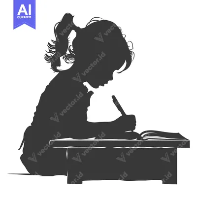 Silhouette of a young girl writing at a desk