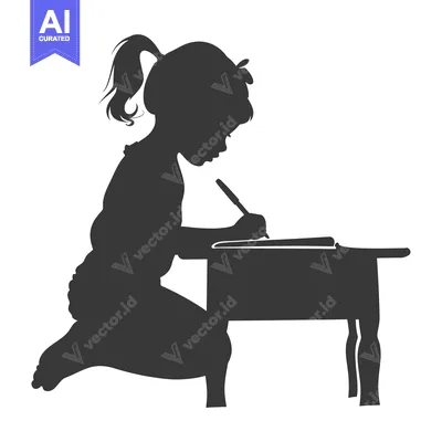 Silhouette of a Young Girl Writing at a Desk