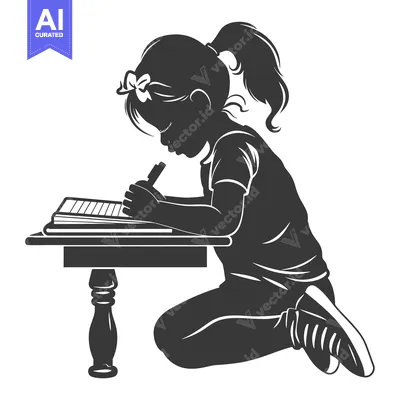 Silhouette of a Young Girl Writing at a Table