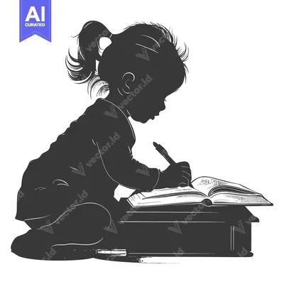 Silhouette of a Young Girl Writing in a Book