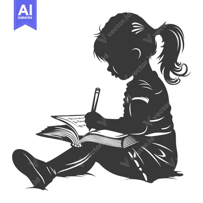 Aset desain premium: Silhouette of a Young Girl Writing in a Book