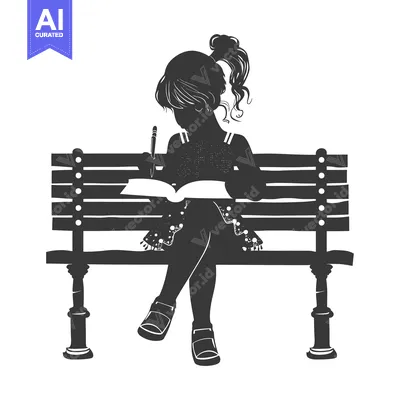 Popular premium asset: Silhouette of a young girl writing in a book on a bench