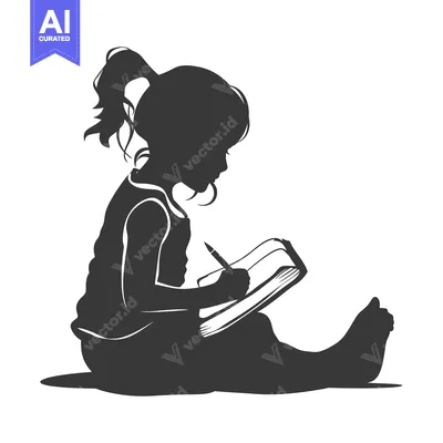 Aset desain premium: Silhouette of a Young Girl Writing in a Notebook