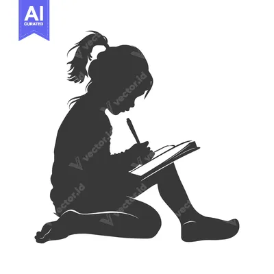 Aset desain premium: Silhouette of a Young Girl Writing in a Notebook