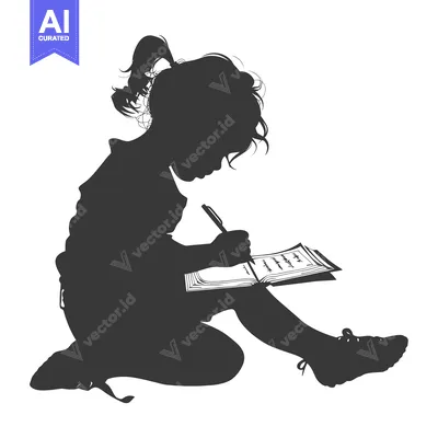 Aset desain premium: Silhouette of a Young Girl Writing in a Notebook