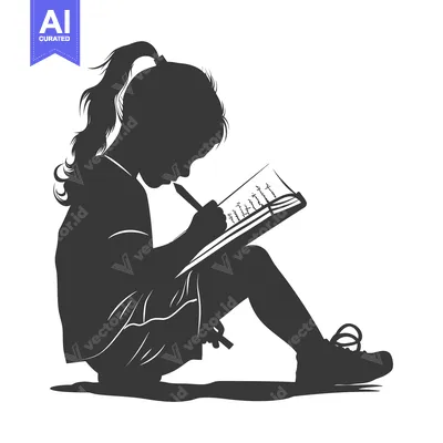 Silhouette of a Young Girl Writing in a Notebook