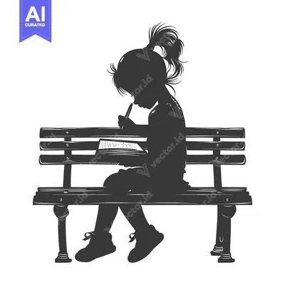 Silhouette of a Young Girl Writing on a Bench