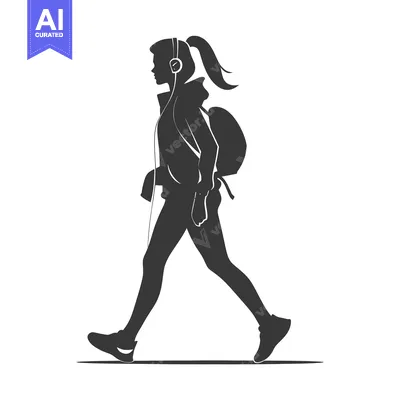 Aset premium populer: Silhouette of a Young Woman Walking with Headphones and a Backpack