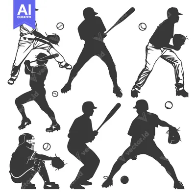 Silhouette of Baseball Players in Action, Including Pitcher, Batter, C