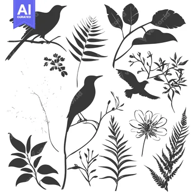 Popular premium asset: Silhouette of Birds, Ferns, and Flowers on a White Background