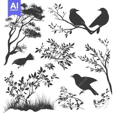 Silhouette of Birds Perched on Branches and in Flight Among Various Tr