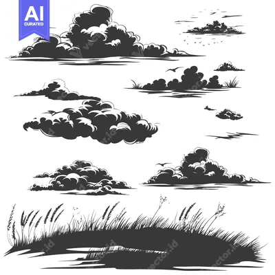 Aset premium populer: Silhouette of Clouds, Birds, and Grass against a White Background
