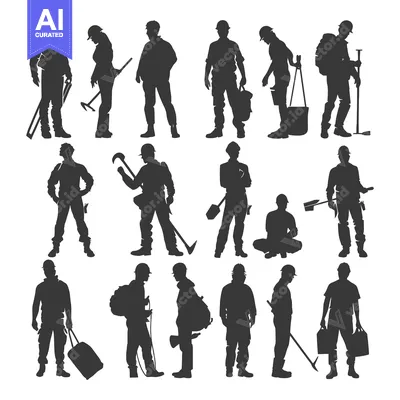 Aset premium populer: Silhouette of Construction Workers with Tools and Equipment