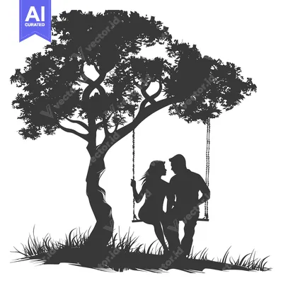 Aset desain premium: Silhouette of Couple on a Swing Under a Tree