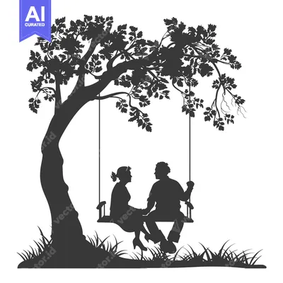 Silhouette of Couple Sitting on a Swing Under a Tree