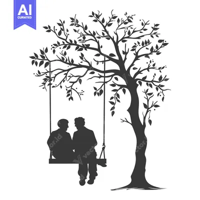Silhouette of Couple Sitting on a Swing Under a Tree