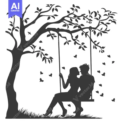 Aset desain premium: Silhouette of Couple Sitting on a Swing under a Tree