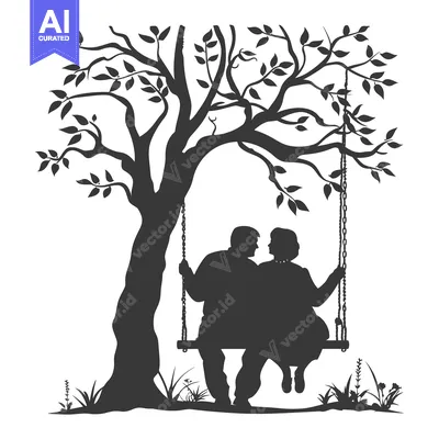Silhouette of Couple Sitting on Swing Underneath a Tree
