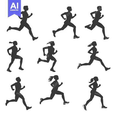 Silhouette of eight people running in different positions