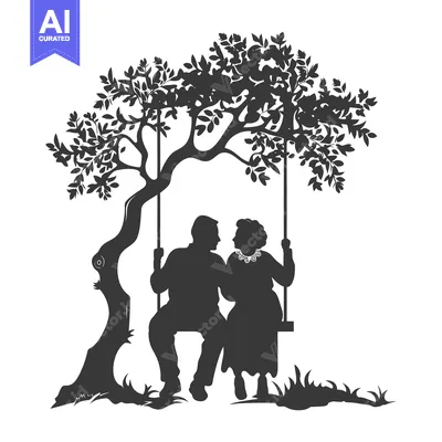 Aset desain premium: Silhouette of Elderly Couple on a Swing Underneath a Tree