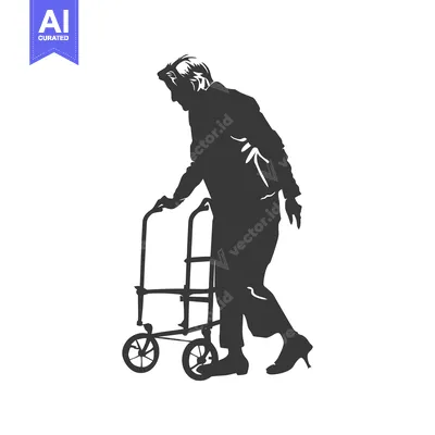Silhouette of Elderly Woman Walking with Walker