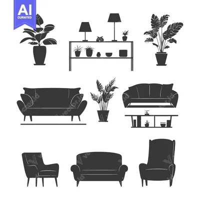 Aset desain premium: Silhouette of Furniture and Plants for a Living Room Interior Design