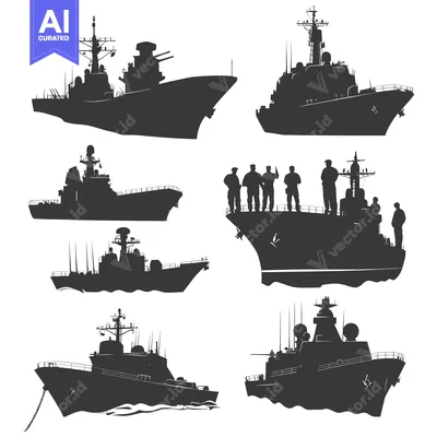 Silhouette of Military Ships with Crew Members