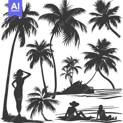 Premium design asset: Silhouette of Palm Trees, Beach, and People Relaxing