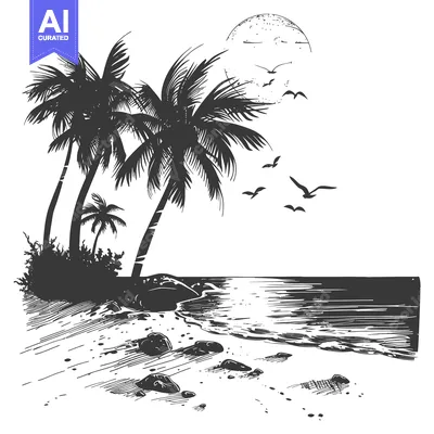 Aset premium populer: Silhouette of Palm Trees on a Beach with a Full Moon and Flying Birds