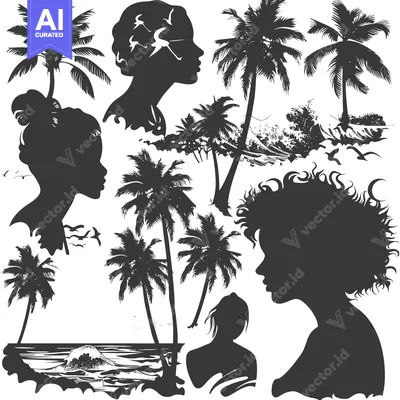 Aset premium populer: Silhouette of People and Palm Trees Against a Beach and Ocean Backgrou