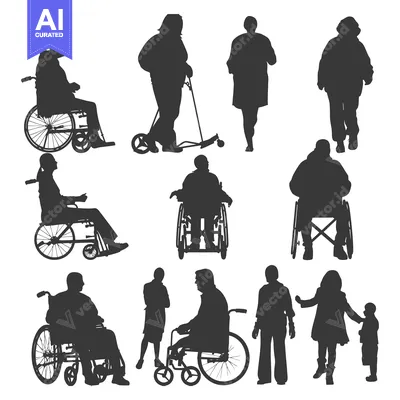 Silhouette of People in Wheelchairs and Walking with Walking Sticks