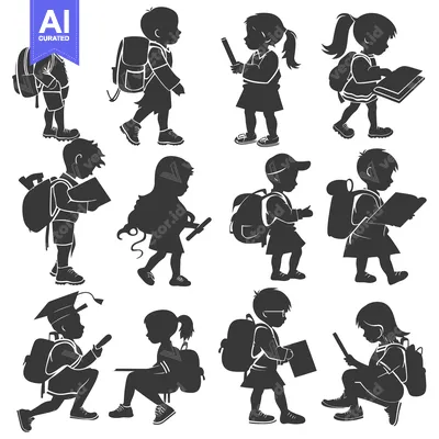 Silhouette of School Children with Backpacks and School Supplies