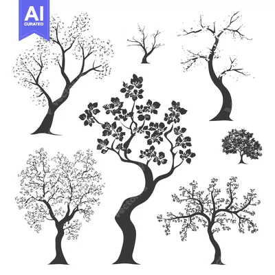 Aset desain premium: Silhouette of Seven Trees with Varying Branch Structures
