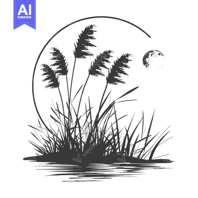 Silhouette of Tall Grass and a Moon Over Water