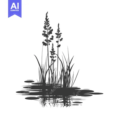 Aset desain premium: Silhouette of Tall Grass and Its Reflection in Water