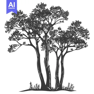 Aset desain premium: Silhouette of Three Trees with Detailed Branches and Small Plants at t