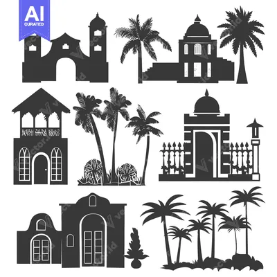 Silhouette of Tropical Buildings, Palm Trees, and Architecture