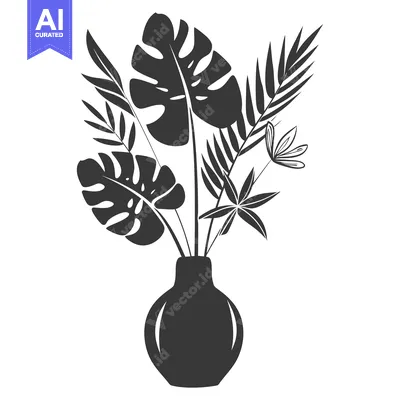 Aset desain premium: Silhouette of Tropical Plants in a Vase