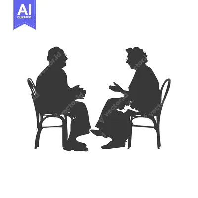 Silhouette of two elderly people sitting on chairs and talking