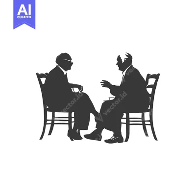 Silhouette of two elderly people sitting on chairs and talking