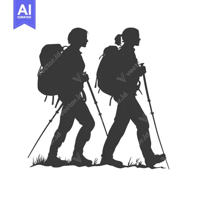 Silhouette of Two Hikers with Backpacks and Trekking Poles