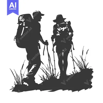 Silhouette of Two Hikers with Backpacks and Trekking Poles
