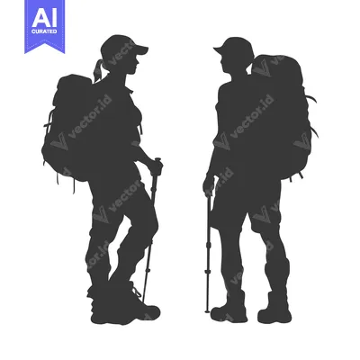Silhouette of Two Hikers with Backpacks and Trekking Poles
