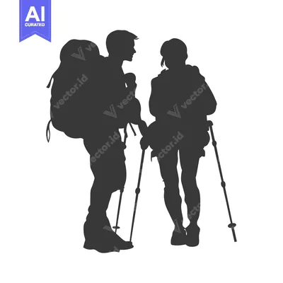 Silhouette of Two Hikers with Backpacks and Trekking Poles