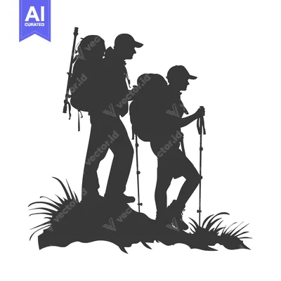 Silhouette of Two Hikers with Backpacks and Trekking Poles on a Hillsi