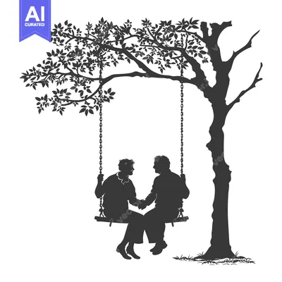 Aset desain premium: Silhouette of two people on a swing hanging from a tree