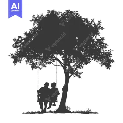 Silhouette of Two People Sitting on a Swing Under a Tree